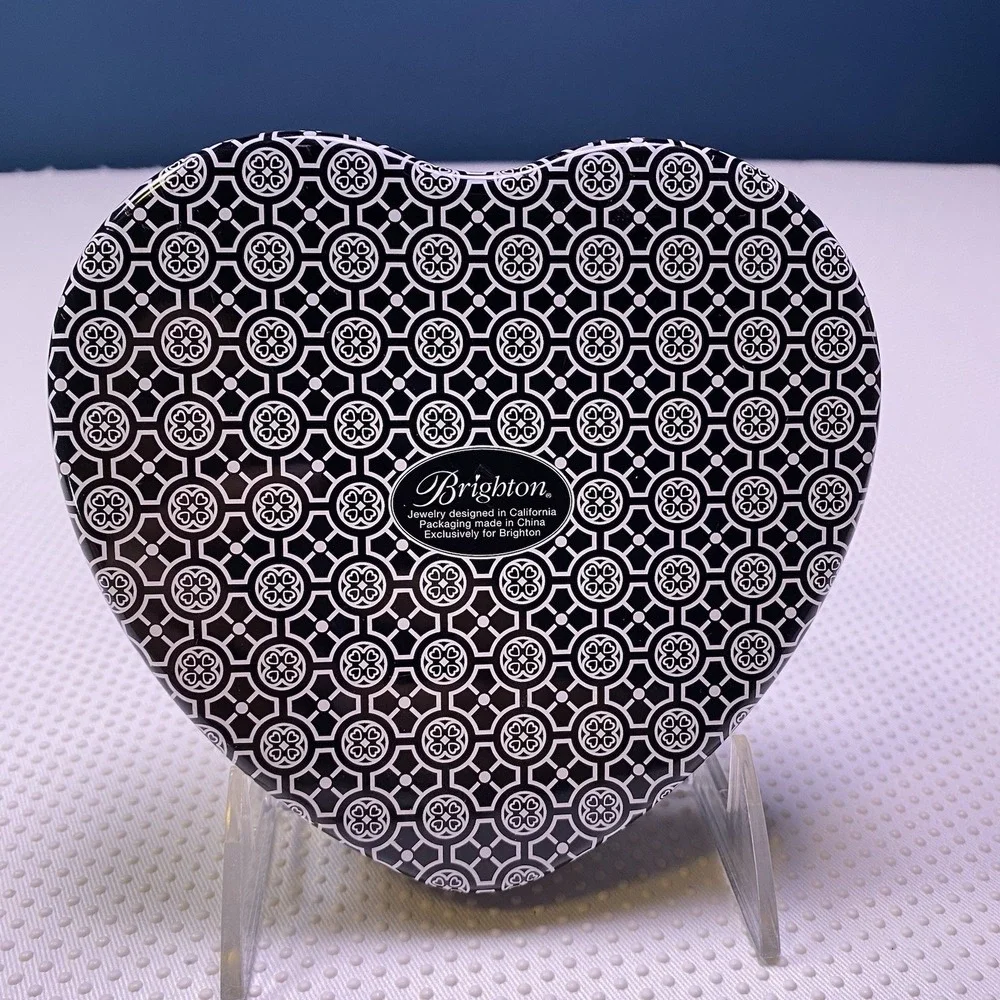 Brighton‎ Heart Shaped Metal Tin Box Black & White Jewelry Trinket Case With Lid